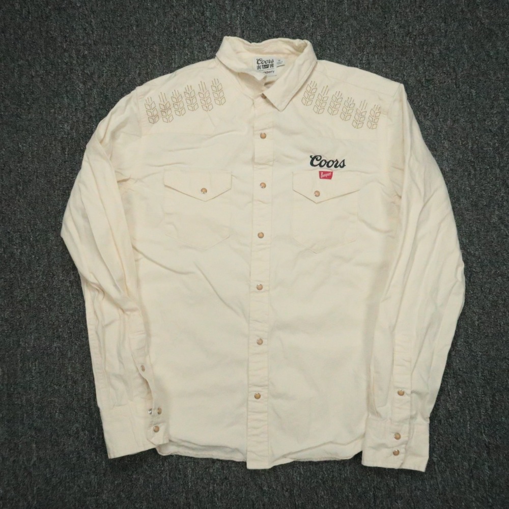 Coors x Huckberry Shirt Mens Medium Beige Western Pearl Snap Long Sleeve Banquet